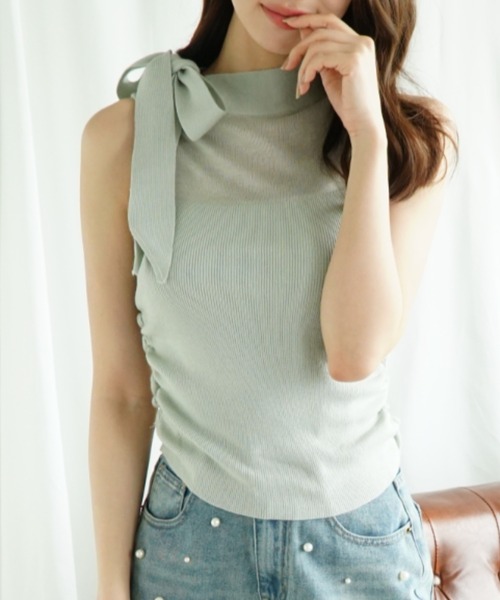 Jasmine Grandiflorum（ジャスミングランディフローラム）の「【Jasmine】リボンノンスリーブブラウス (SS)（シャツ/ブラウス・レディース・ブラック/オフホワイト/ブルー/ライトグリーン/ピンク・FREE）」の3枚目の写真