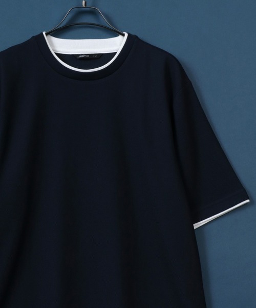 ANPAS(アンパス)の「Quick Dry Pique fabric Fake layered Easy care T-Shirt/鹿の子 フェイクレイヤード イージーケア Tシャツ 吸水速乾 防臭(Tシャツ/カットソー・メンズ・スミクロ/ネイビー/ライトグレー/アイボリー/ブルー・M/L/LL)」の5枚目の写真