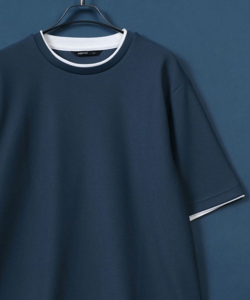 ANPAS(アンパス)の「Quick Dry Pique fabric Fake layered Easy care T-Shirt/鹿の子 フェイクレイヤード イージーケア Tシャツ 吸水速乾 防臭(Tシャツ/カットソー・メンズ・スミクロ/ネイビー/ライトグレー/アイボリー/ブルー・M/L/LL)」の1枚目の写真