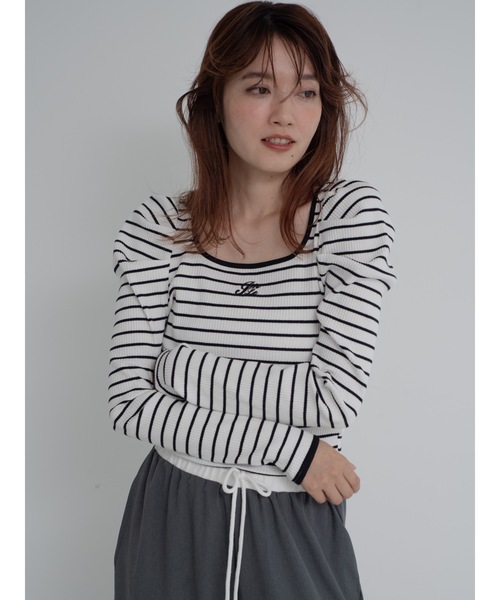 Uhr Border Frill Collar Rib Topsカットソー