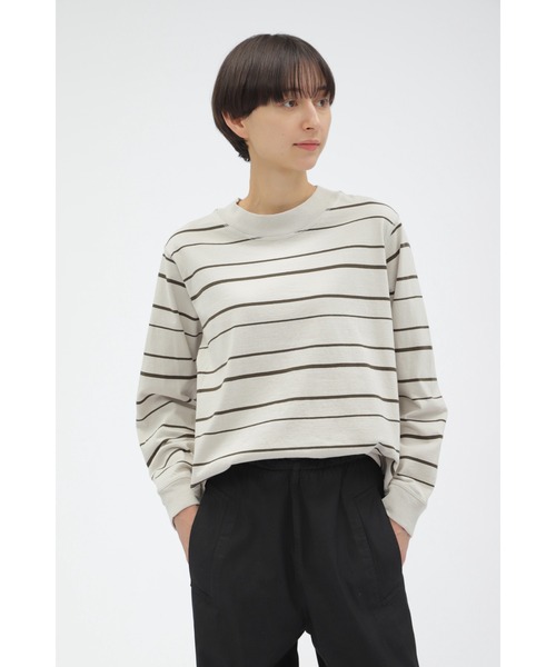 MHL.（エムエイチエル）の「SHADOW STRIPE JERSEY（Tシャツ/カットソー・レディース・オフホワイト/チャコール・2）」の2枚目の写真