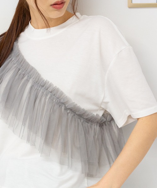 pumpkin port(パンプキンポート)の「Wチュールフリル 半袖Tシャツ(Tシャツ/カットソー・レディース・ホワイト/ブラック/ホワイト×ブラック/グレー・M)」の1枚目の写真