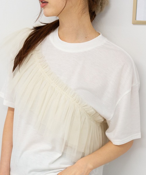 pumpkin port(パンプキンポート)の「Wチュールフリル 半袖Tシャツ(Tシャツ/カットソー・レディース・ホワイト/ブラック/ホワイト×ブラック/グレー・M)」の2枚目の写真