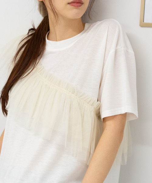pumpkin port(パンプキンポート)の「Wチュールフリル 半袖Tシャツ(Tシャツ/カットソー・レディース・ホワイト/ブラック/ホワイト×ブラック/グレー・M)」の5枚目の写真