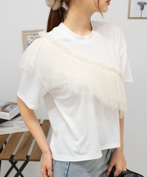 pumpkin port(パンプキンポート)の「Wチュールフリル 半袖Tシャツ(Tシャツ/カットソー・レディース・ホワイト/ブラック/ホワイト×ブラック/グレー・M)」の8枚目の写真