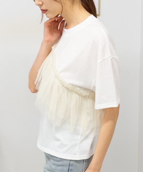 pumpkin port(パンプキンポート)の「Wチュールフリル 半袖Tシャツ(Tシャツ/カットソー・レディース・ホワイト/ブラック/ホワイト×ブラック/グレー・M)」の9枚目の写真