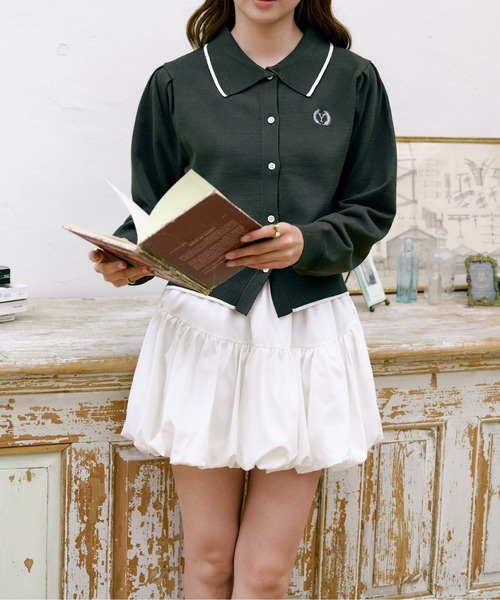 INTER FACTORY（インターファクトリー）の「ゆづき / ライン配色ポロニットカーディガン　made in INTER FACTORY（カーディガン/ボレロ・レディース・グリーン/ピンク/ネイビー・FREE）」の5枚目の写真