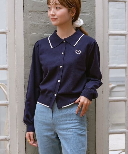 INTER FACTORY（インターファクトリー）の「ゆづき / ライン配色ポロニットカーディガン　made in INTER FACTORY（カーディガン/ボレロ・レディース・グリーン/ピンク/ネイビー・FREE）」の7枚目の写真