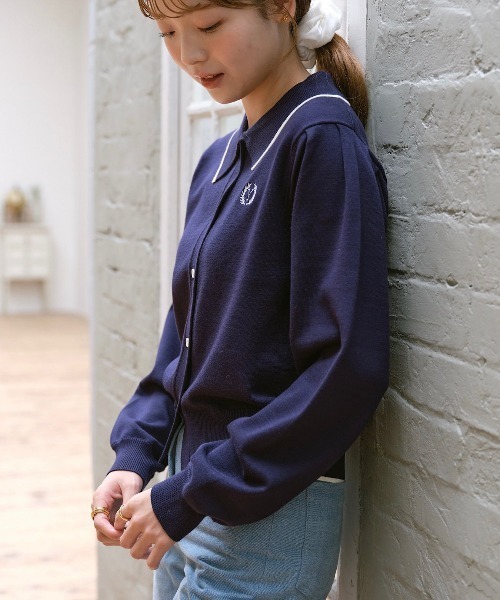 INTER FACTORY（インターファクトリー）の「ゆづき / ライン配色ポロニットカーディガン　made in INTER FACTORY（カーディガン/ボレロ・レディース・グリーン/ピンク/ネイビー・FREE）」の9枚目の写真