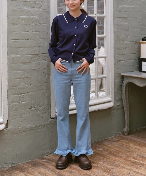 INTER FACTORY（インターファクトリー）の「ゆづき / ライン配色ポロニットカーディガン　made in INTER FACTORY（カーディガン/ボレロ・レディース・グリーン/ピンク/ネイビー・FREE）」の21枚目の写真