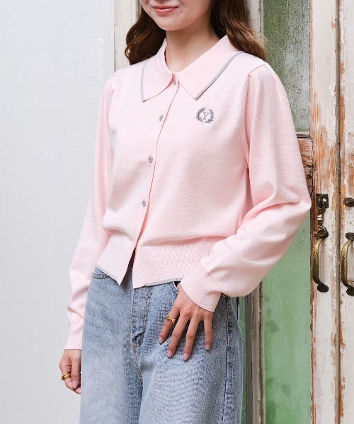 INTER FACTORY（インターファクトリー）の「ゆづき / ライン配色ポロニットカーディガン　made in INTER FACTORY（カーディガン/ボレロ・レディース・グリーン/ピンク/ネイビー・FREE）」の12枚目の写真