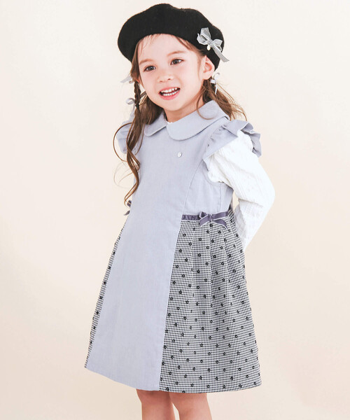 セール】【お揃い】千鳥格子小花柄コールテンサイド切り替え肩