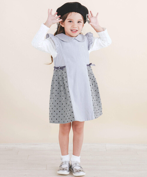 SLAP SLIP（スラップスリップ）の「【お揃い】千鳥格子小花柄コールテンサイド切り替え肩フリルジャンパースカート(90~140cm)（ジャンパースカート・キッズ・ブルー/ベージュ系その他・130cm/120cm/90cm/110cm/100cm/140cm）」の3枚目の写真