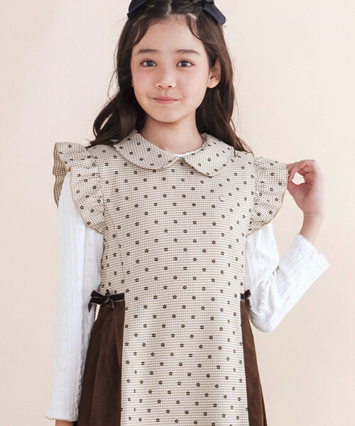 セール】【お揃い】千鳥格子小花柄コールテンサイド切り替え肩