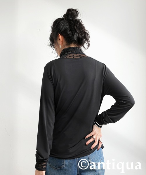 antiqua(アンティカ)の「ドットシアーコントラストトップス(Tシャツ/カットソー・レディース・ブラック・ONESIZE)」の3枚目の写真