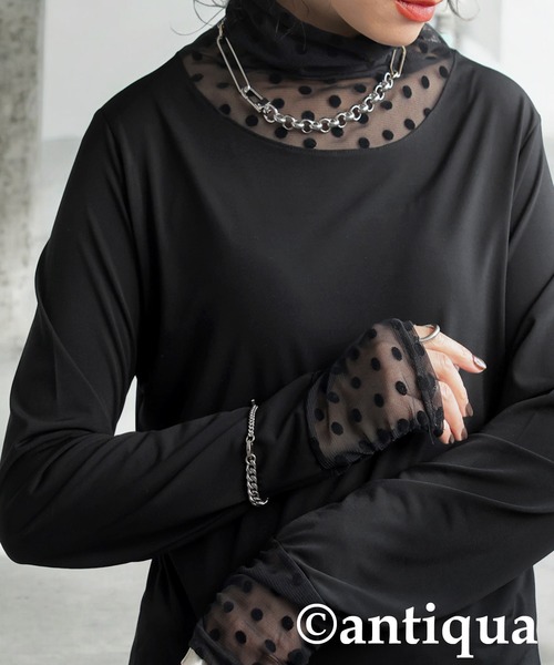 antiqua(アンティカ)の「ドットシアーコントラストトップス(Tシャツ/カットソー・レディース・ブラック・ONESIZE)」の4枚目の写真