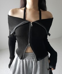 me+em select（ミームセレクト）の「【 ２color 】スプレー加工ダブルジップオフショルサマーリブニット ／ spray double zip off shoulder summer rib knit（ニット/セーター）」