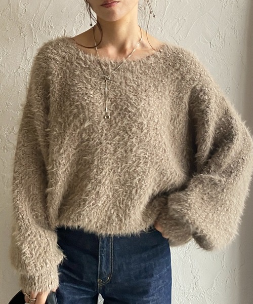 She's Closet（シーズクローゼット）の「ボリュームスリーブミドル丈ミックスカラーざっくりシャギーニット（ニット/セーター・レディース・チャコールグレー/アイボリー/グレイッシュベージュ・FREE）」の3枚目の写真