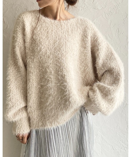 She's Closet（シーズクローゼット）の「ボリュームスリーブミドル丈ミックスカラーざっくりシャギーニット（ニット/セーター・レディース・チャコールグレー/アイボリー/グレイッシュベージュ・FREE）」の10枚目の写真