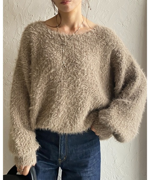 She's Closet（シーズクローゼット）の「ボリュームスリーブミドル丈ミックスカラーざっくりシャギーニット（ニット/セーター・レディース・チャコールグレー/アイボリー/グレイッシュベージュ・FREE）」の16枚目の写真