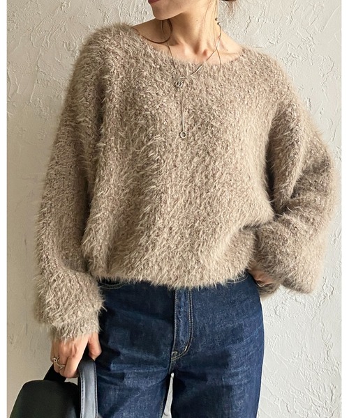 She's Closet（シーズクローゼット）の「ボリュームスリーブミドル丈ミックスカラーざっくりシャギーニット（ニット/セーター・レディース・チャコールグレー/アイボリー/グレイッシュベージュ・FREE）」の5枚目の写真