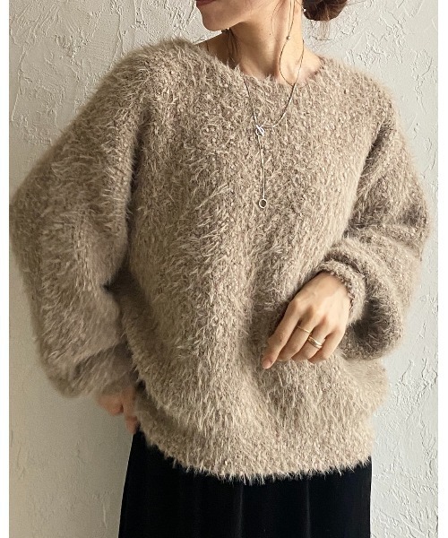 She's Closet（シーズクローゼット）の「ボリュームスリーブミドル丈ミックスカラーざっくりシャギーニット（ニット/セーター・レディース・チャコールグレー/アイボリー/グレイッシュベージュ・FREE）」の8枚目の写真