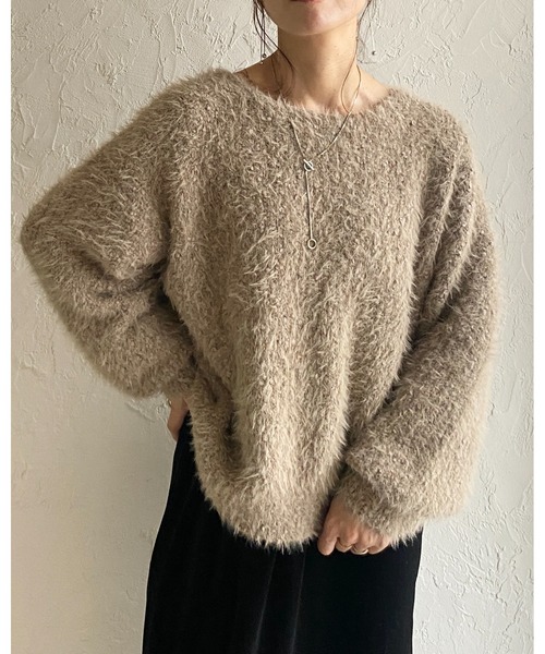 She's Closet（シーズクローゼット）の「ボリュームスリーブミドル丈ミックスカラーざっくりシャギーニット（ニット/セーター・レディース・チャコールグレー/アイボリー/グレイッシュベージュ・FREE）」の9枚目の写真