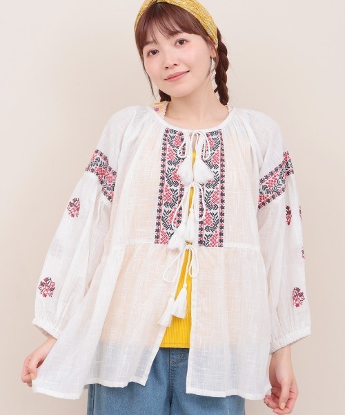 Plantation◆ブラウス/M/コットン/NVY/ストライプ/PL11-FJ133 コットンスラブエンブロイダリーブラウス【大きいサイズ