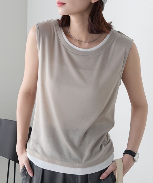 BONLECILL(ボンルシール)の「シアーテレコレイヤード風スリーブレスTEE(タンクトップ・レディース・ブラック/オフホワイト/ネイビー/ミント/レッド/ベージュ系・FREE)」の3枚目の写真