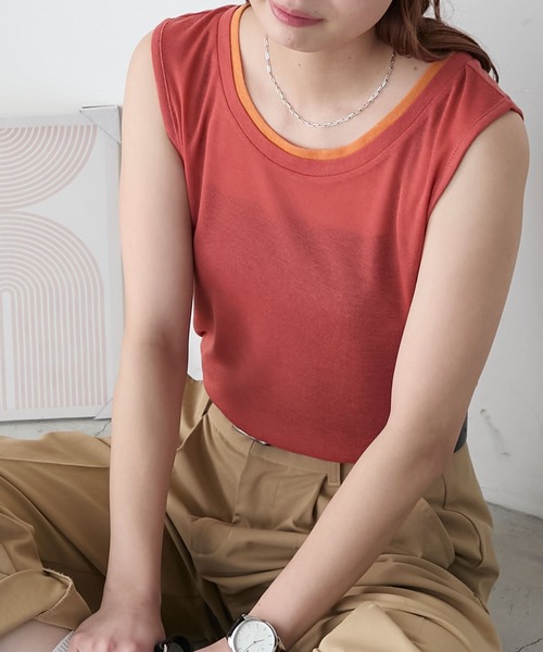 BONLECILL(ボンルシール)の「シアーテレコレイヤード風スリーブレスTEE(タンクトップ・レディース・ブラック/オフホワイト/ネイビー/ミント/レッド/ベージュ系・FREE)」の6枚目の写真