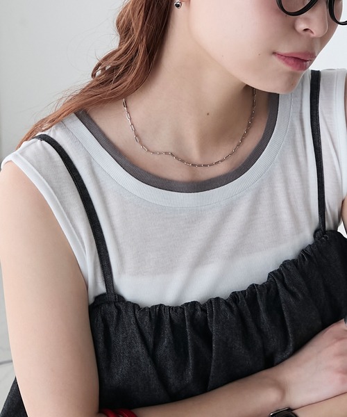 BONLECILL(ボンルシール)の「シアーテレコレイヤード風スリーブレスTEE(タンクトップ・レディース・ブラック/オフホワイト/ネイビー/ミント/レッド/ベージュ系・FREE)」の1枚目の写真