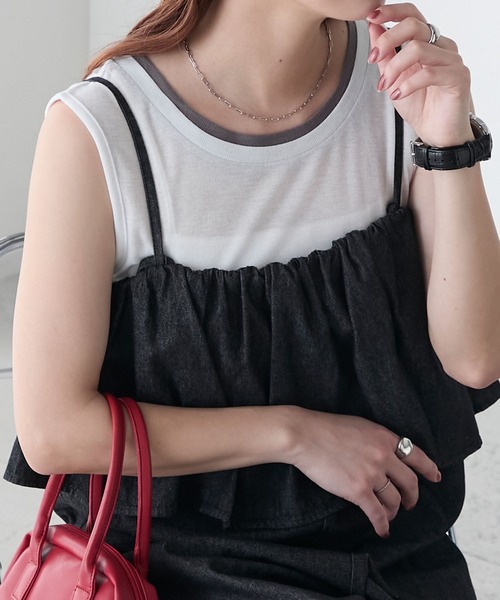 BONLECILL(ボンルシール)の「シアーテレコレイヤード風スリーブレスTEE(タンクトップ・レディース・ブラック/オフホワイト/ネイビー/ミント/レッド/ベージュ系・FREE)」の7枚目の写真