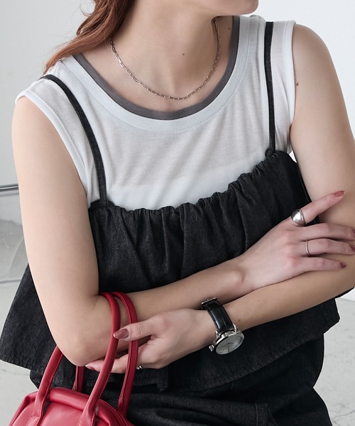 BONLECILL(ボンルシール)の「シアーテレコレイヤード風スリーブレスTEE(タンクトップ・レディース・ブラック/オフホワイト/ネイビー/ミント/レッド/ベージュ系・FREE)」の8枚目の写真