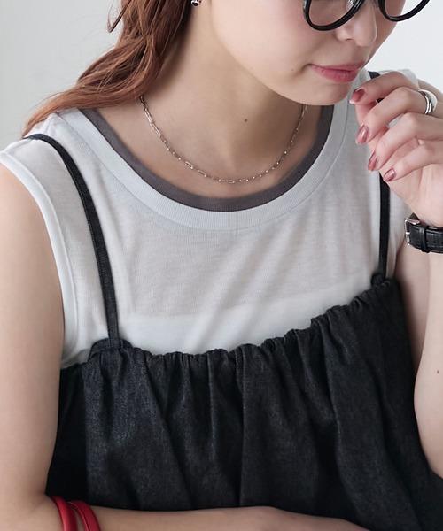 BONLECILL(ボンルシール)の「シアーテレコレイヤード風スリーブレスTEE(タンクトップ・レディース・ブラック/オフホワイト/ネイビー/ミント/レッド/ベージュ系・FREE)」の14枚目の写真