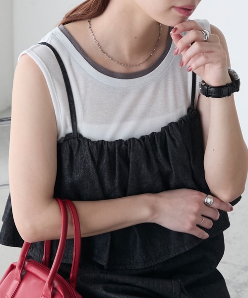 BONLECILL(ボンルシール)の「シアーテレコレイヤード風スリーブレスTEE(タンクトップ・レディース・ブラック/オフホワイト/ネイビー/ミント/レッド/ベージュ系・FREE)」の15枚目の写真