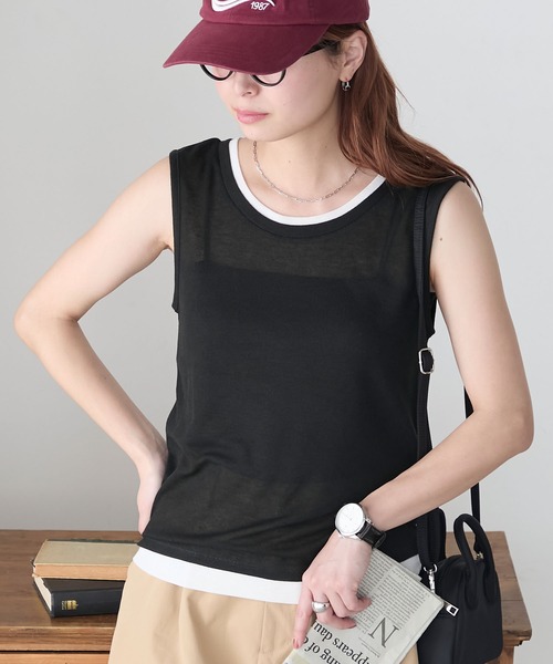 BONLECILL(ボンルシール)の「シアーテレコレイヤード風スリーブレスTEE(タンクトップ・レディース・ブラック/オフホワイト/ネイビー/ミント/レッド/ベージュ系・FREE)」の16枚目の写真