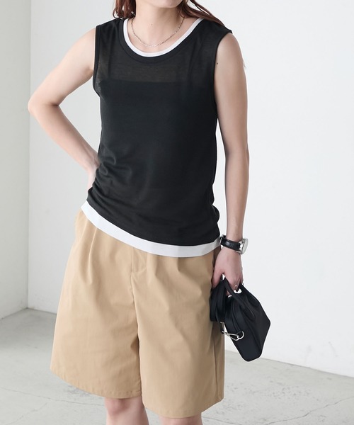 BONLECILL(ボンルシール)の「シアーテレコレイヤード風スリーブレスTEE(タンクトップ・レディース・ブラック/オフホワイト/ネイビー/ミント/レッド/ベージュ系・FREE)」の18枚目の写真