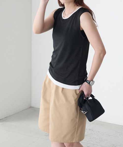 BONLECILL(ボンルシール)の「シアーテレコレイヤード風スリーブレスTEE(タンクトップ・レディース・ブラック/オフホワイト/ネイビー/ミント/レッド/ベージュ系・FREE)」の19枚目の写真