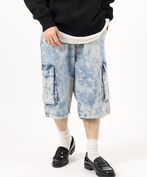 Jungle Storm(ジャングルストーム)の「Hard Chemical Blue Cargo Shorts / ハードケミカルブルーチ加工カーゴショーツ unisex(カーゴパンツ・メンズ・サックスブルー/グレー・M/L)」の1枚目の写真