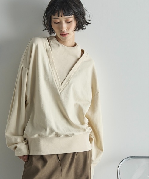 THE YOn（ザヨン）の「フェイクレイヤードライトオンスミニ裏毛プルオーバー（Tシャツ/カットソー・レディース・オートミール/ピンク/クリーム・FREE）」の2枚目の写真