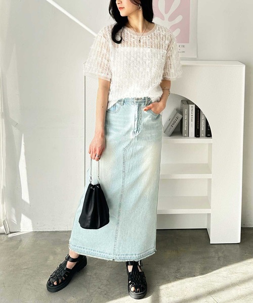 GeeRA（ジーラ）の「夏コーデに活躍！フェザーチュールシアーＴシャツ（Tシャツ/カットソー・レディース・オフホワイト/ブラック・LARGE/X-LARGE/MEDIUM）」の8枚目の写真