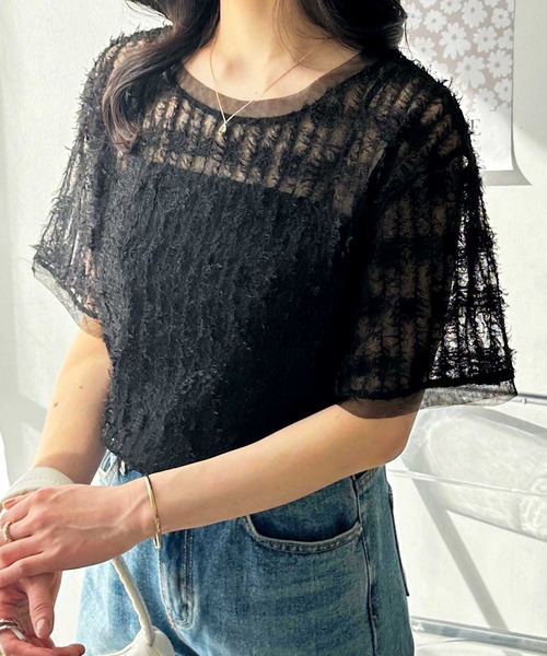 GeeRA（ジーラ）の「夏コーデに活躍！フェザーチュールシアーＴシャツ（Tシャツ/カットソー・レディース・オフホワイト/ブラック・LARGE/X-LARGE/MEDIUM）」の11枚目の写真