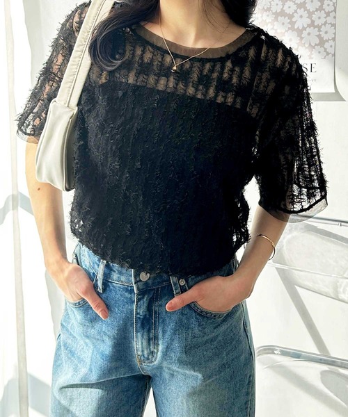 GeeRA（ジーラ）の「夏コーデに活躍！フェザーチュールシアーＴシャツ（Tシャツ/カットソー・レディース・オフホワイト/ブラック・LARGE/X-LARGE/MEDIUM）」の10枚目の写真