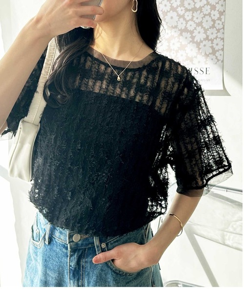 GeeRA（ジーラ）の「夏コーデに活躍！フェザーチュールシアーＴシャツ（Tシャツ/カットソー・レディース・オフホワイト/ブラック・LARGE/X-LARGE/MEDIUM）」の15枚目の写真