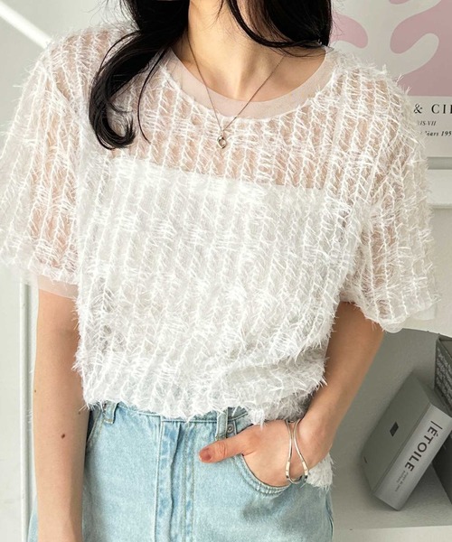 GeeRA（ジーラ）の「夏コーデに活躍！フェザーチュールシアーＴシャツ（Tシャツ/カットソー・レディース・オフホワイト/ブラック・LARGE/X-LARGE/MEDIUM）」の14枚目の写真