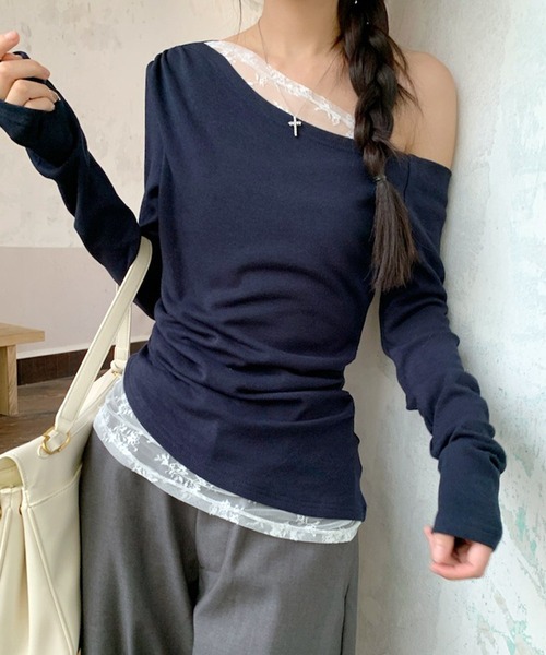 VIBGYOR(ヴィブジョー)の「【EIZZ/アイズ】レースレイヤード オフショルダー ロンT(Tシャツ/カットソー・レディース・ホワイト/ネイビー・FREE)」の6枚目の写真