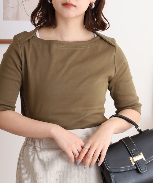 atONE(アットワン)の「ボートネックカットソー(Tシャツ/カットソー・レディース・カーキ/ブラック/グレイッシュベージュ/オフホワイト・L/M/LL)」の19枚目の写真