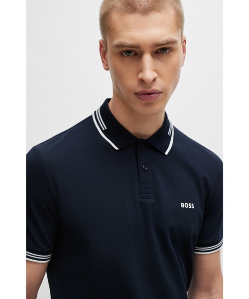 BOSS ネイビー スリムフィット ポロシャツ BOSS - Slim-fit polo shirt in cotton with striped collar - Blue
