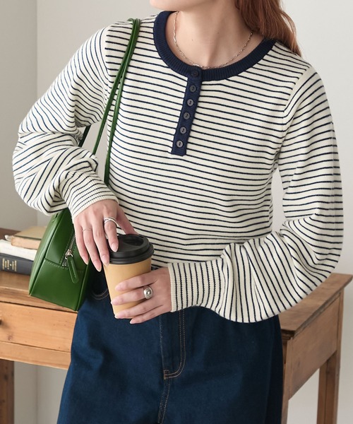 BONLECILL（ボンルシール）の「【至福のカヌレニット】配色ヘンリーネックニットプルオーバー（ニット/セーター・レディース・ネイビー系/杢グレー/ホワイト×ブラック/グリーン/ネイビー/チャコールグレー・FREE）」の6枚目の写真