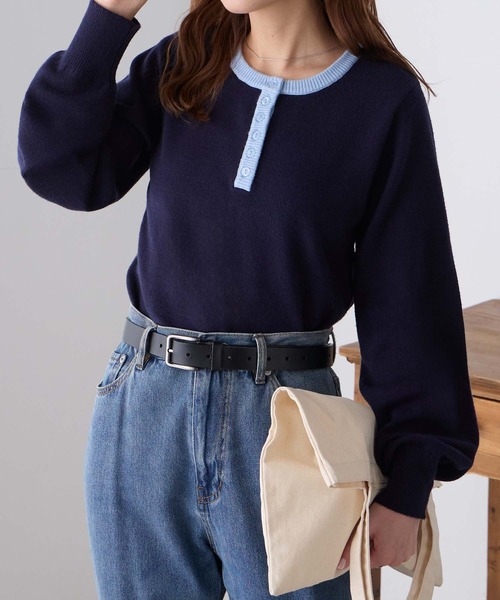 BONLECILL（ボンルシール）の「【至福のカヌレニット】配色ヘンリーネックニットプルオーバー（ニット/セーター・レディース・ネイビー系/杢グレー/ホワイト×ブラック/グリーン/ネイビー/チャコールグレー・FREE）」の17枚目の写真